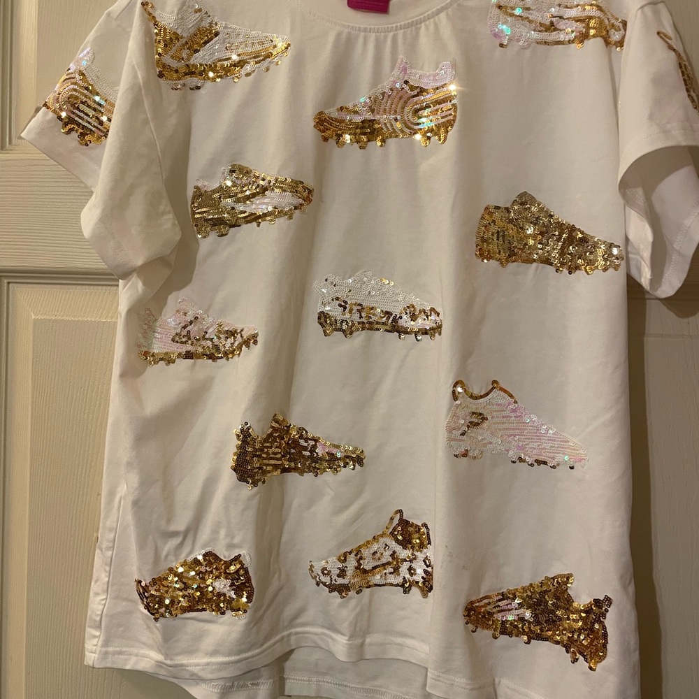 Queen of Sparkle Sequin Embellished  Shirt - White and Gold small